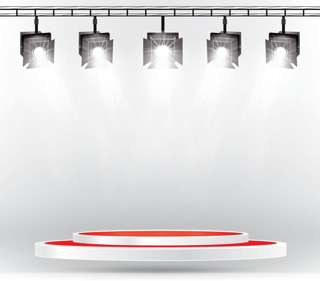 Stage Illumination Effects with Spotlights and Podium. Vector Illustration.