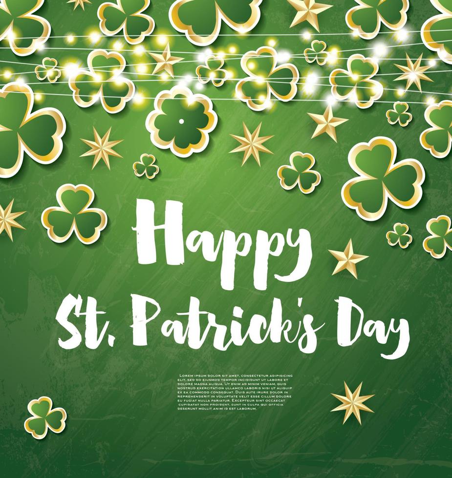 Saint Patrick's Day Background with Clover Leaves and Golden Stars. vector