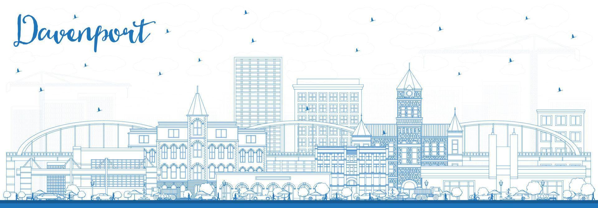 Outline Davenport Iowa Skyline with Blue Buildings. vector