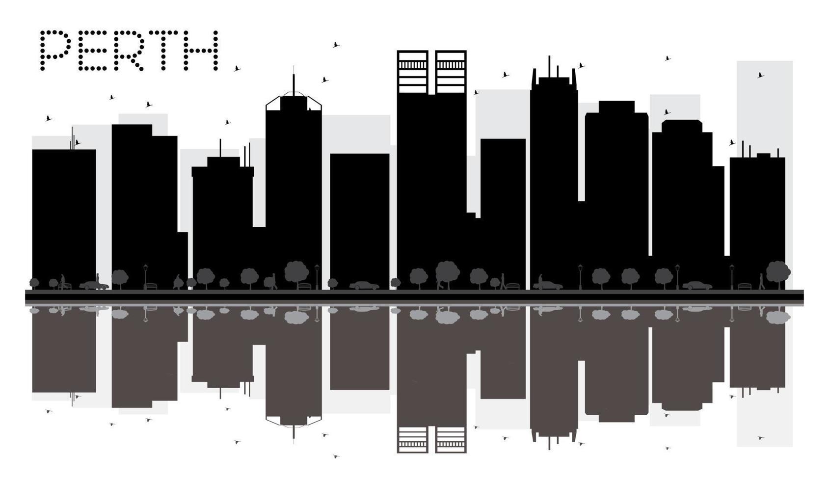 Perth City skyline black and white silhouette with reflections. vector