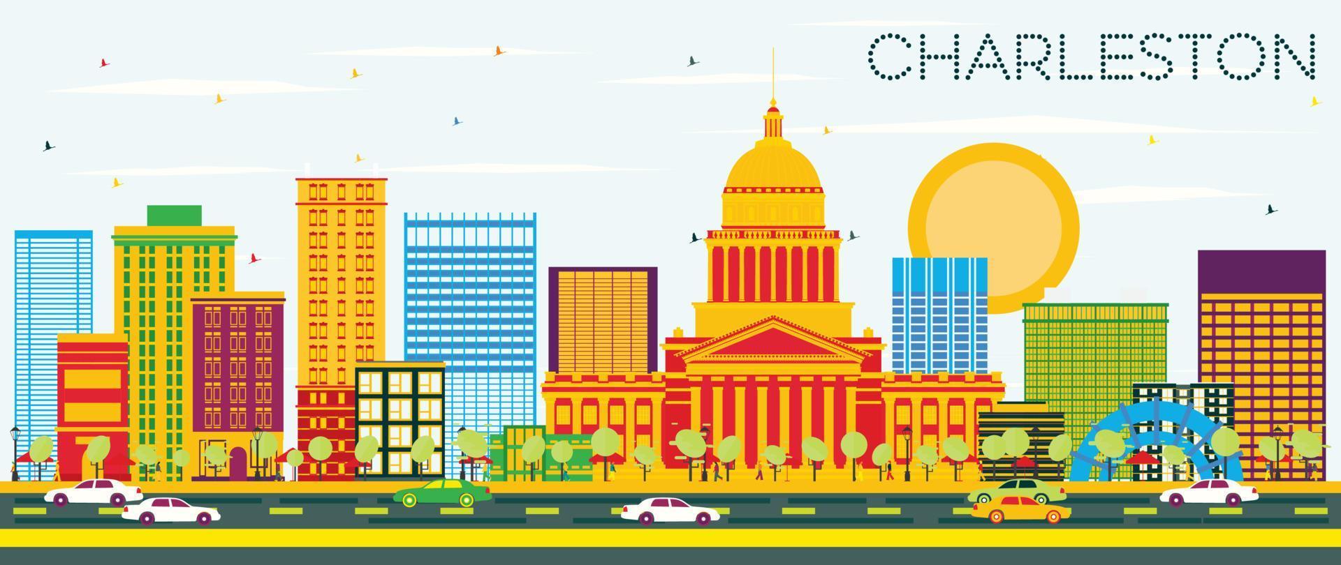 Charleston Skyline with Color Buildings and Blue Sky. vector