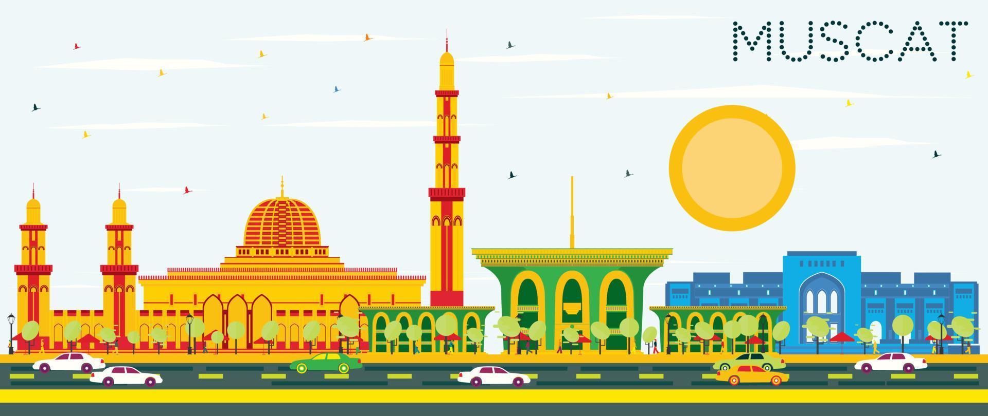 Muscat Skyline with Color Buildings and Blue Sky. vector