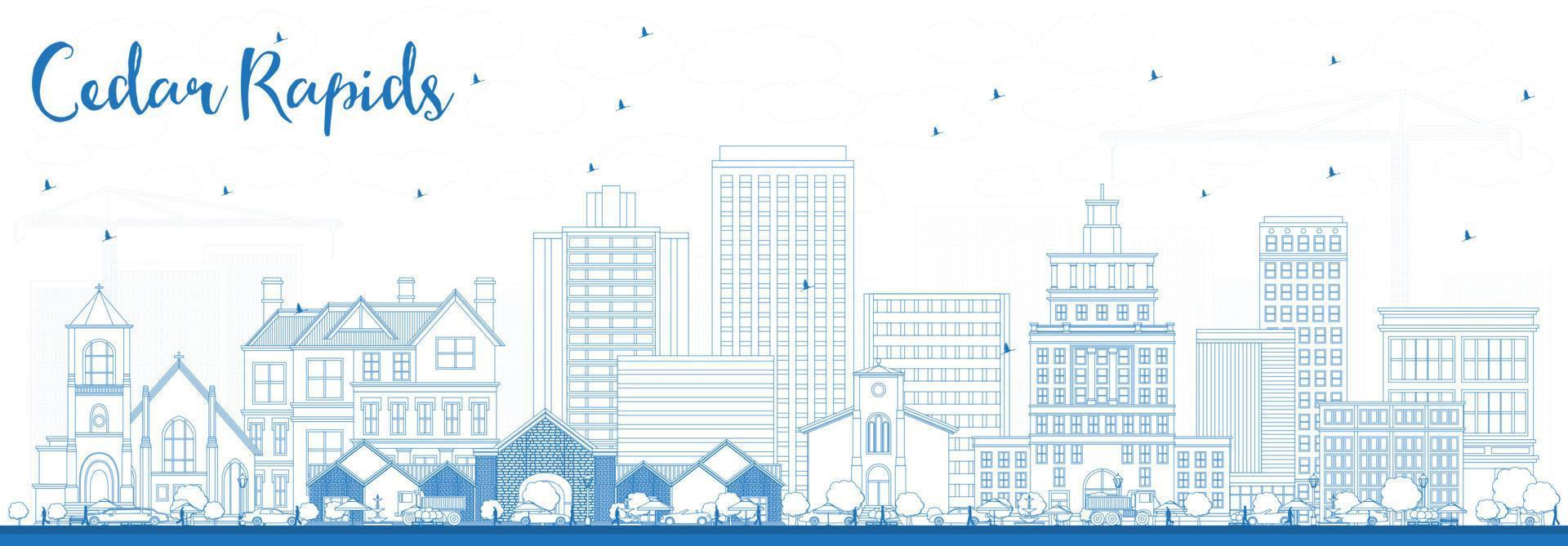 Outline Cedar Rapids Iowa Skyline with Blue Buildings. vector