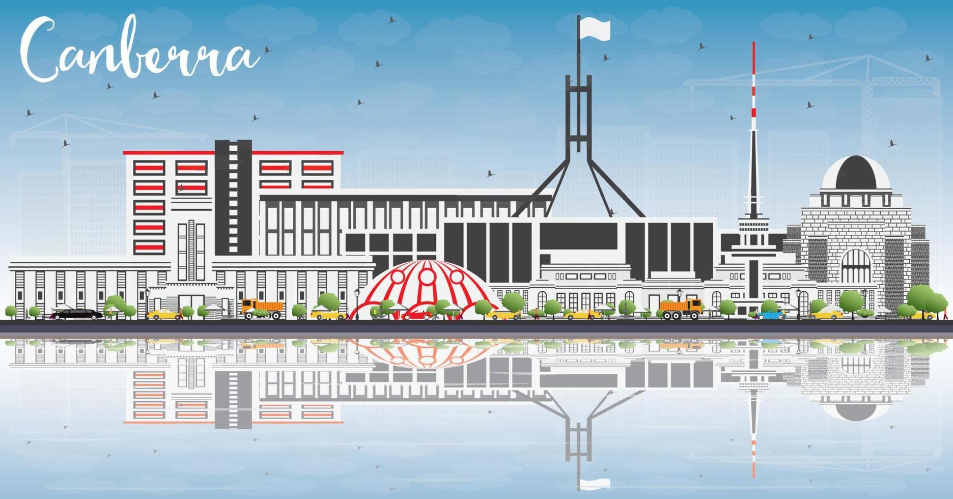 Canberra Skyline with Gray Buildings, Blue Sky and Reflections. vector