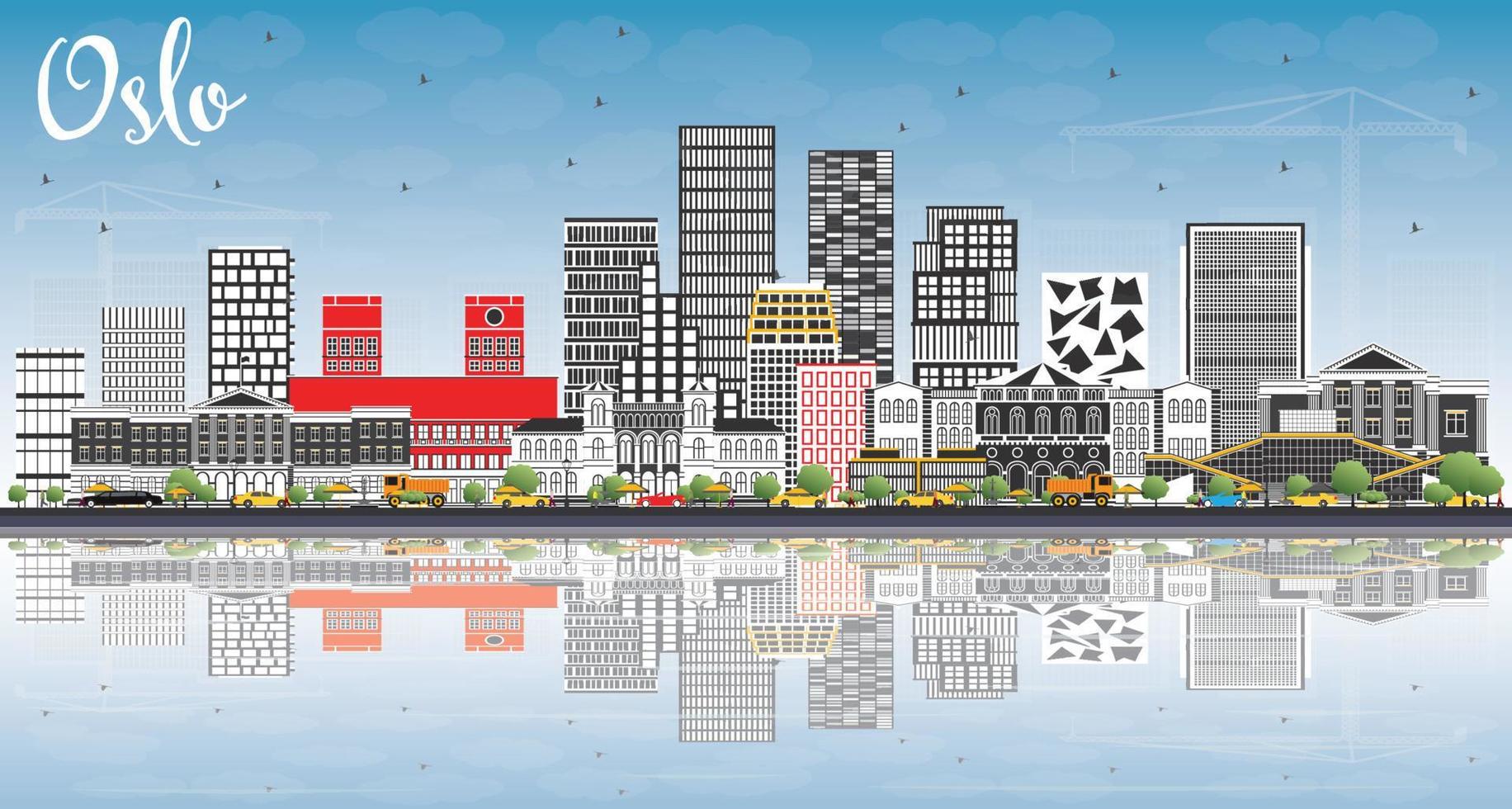 Oslo Norway Skyline with Gray Buildings, Blue Sky and Reflections. vector