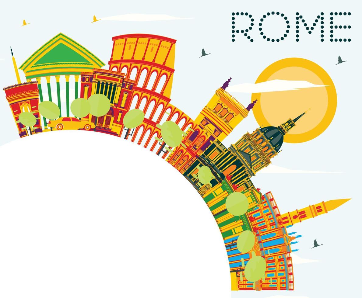 Rome Skyline with Color Buildings, Blue Sky and Copy Space. vector