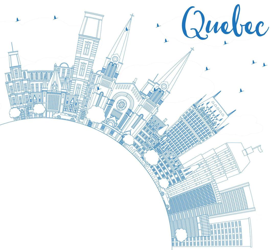 Outline Quebec Skyline with Blue Buildings and Copy Space. vector