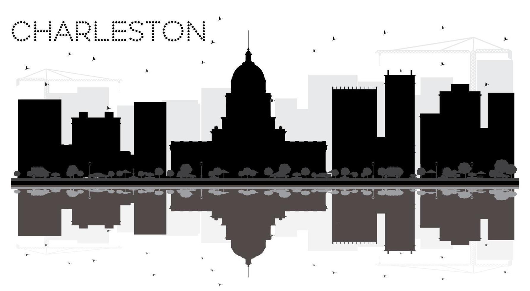 Charleston City skyline black and white silhouette with reflections. vector