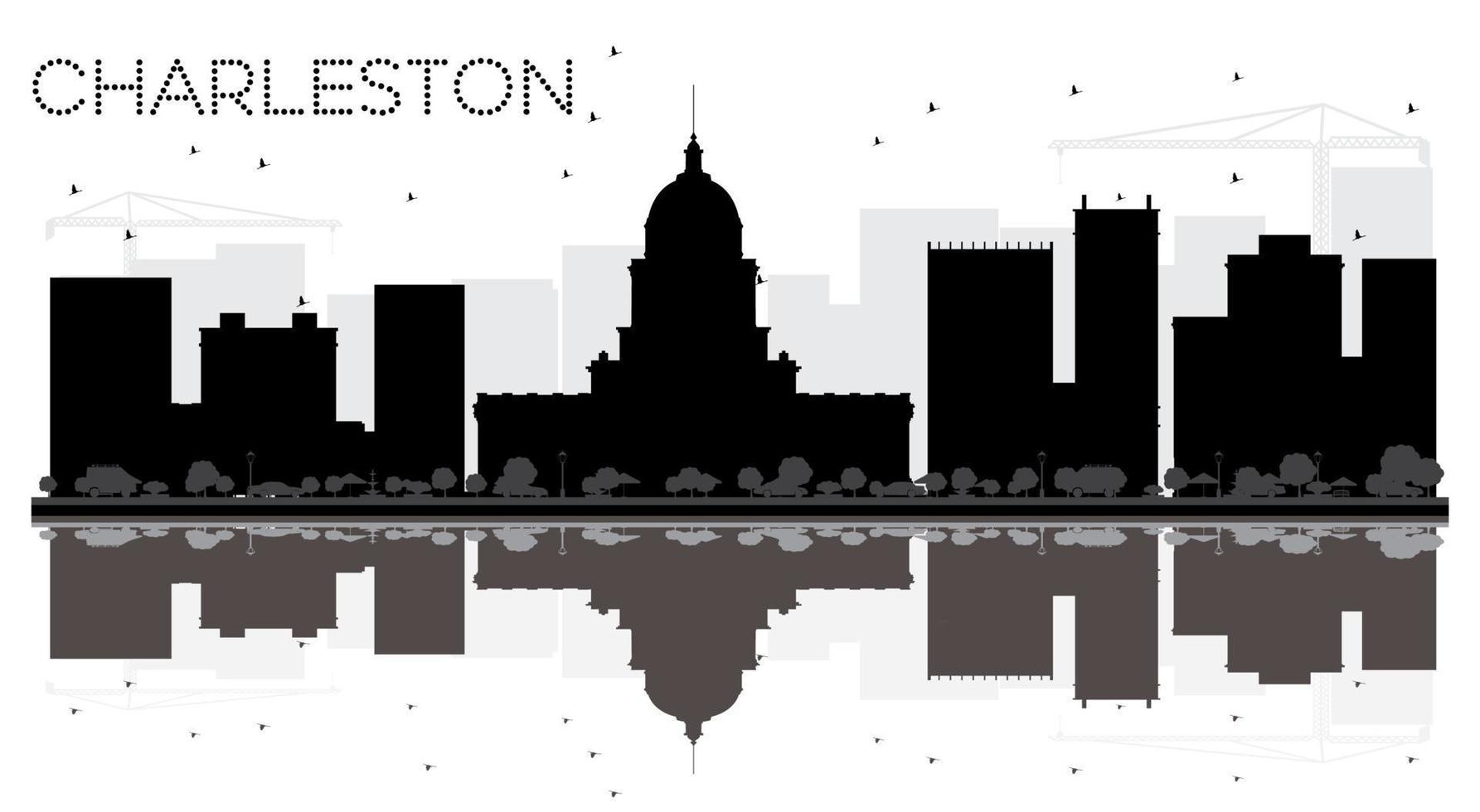 silueta en blanco y negro del horizonte de la ciudad de charleston con reflejos. vector