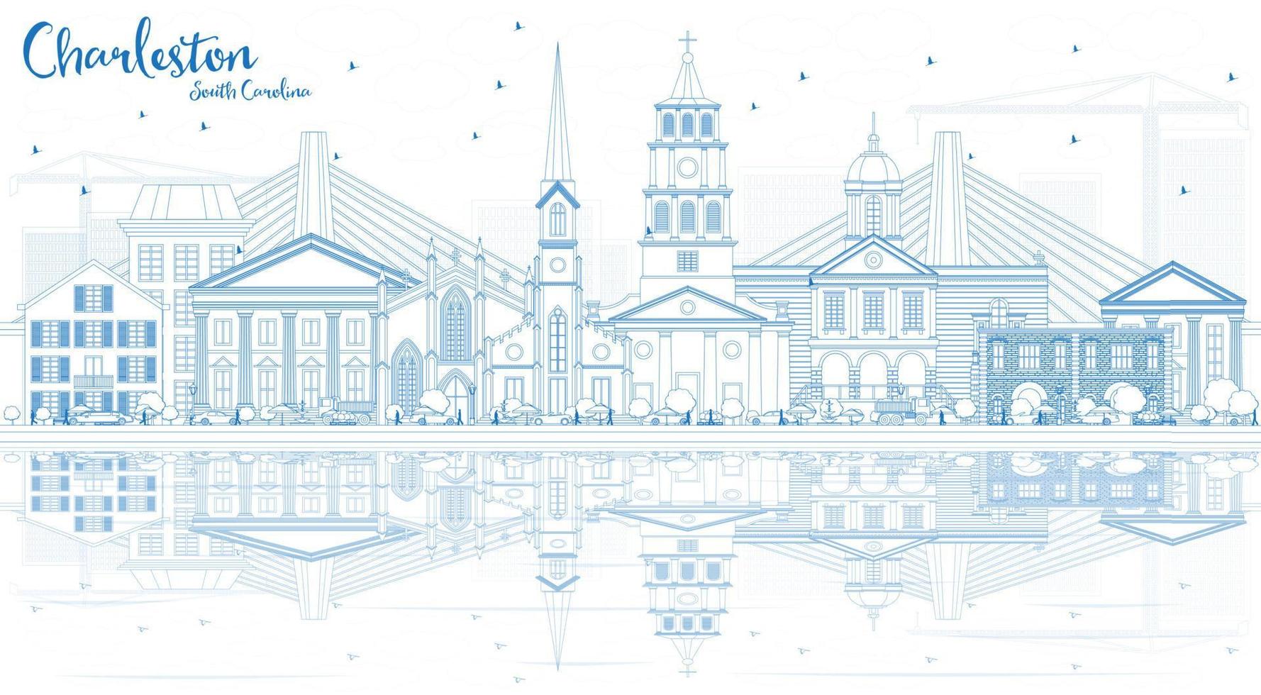 Outline Charleston South Carolina Skyline with Blue Buildings and Reflections. vector