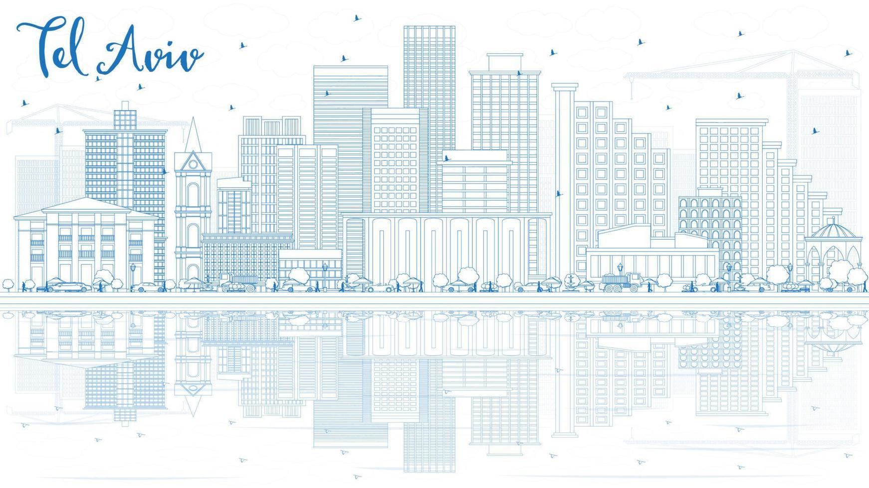 esboza el horizonte de tel aviv con edificios azules y reflejos. vector