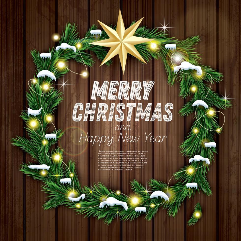 Christmas Wreath with Green Fir Branch, Light Garland and Golden Star on Wooden Background. vector