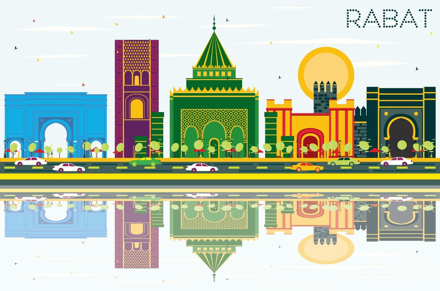 Rabat Morocco Skyline with Color Buildings, Blue Sky and Reflections. vector