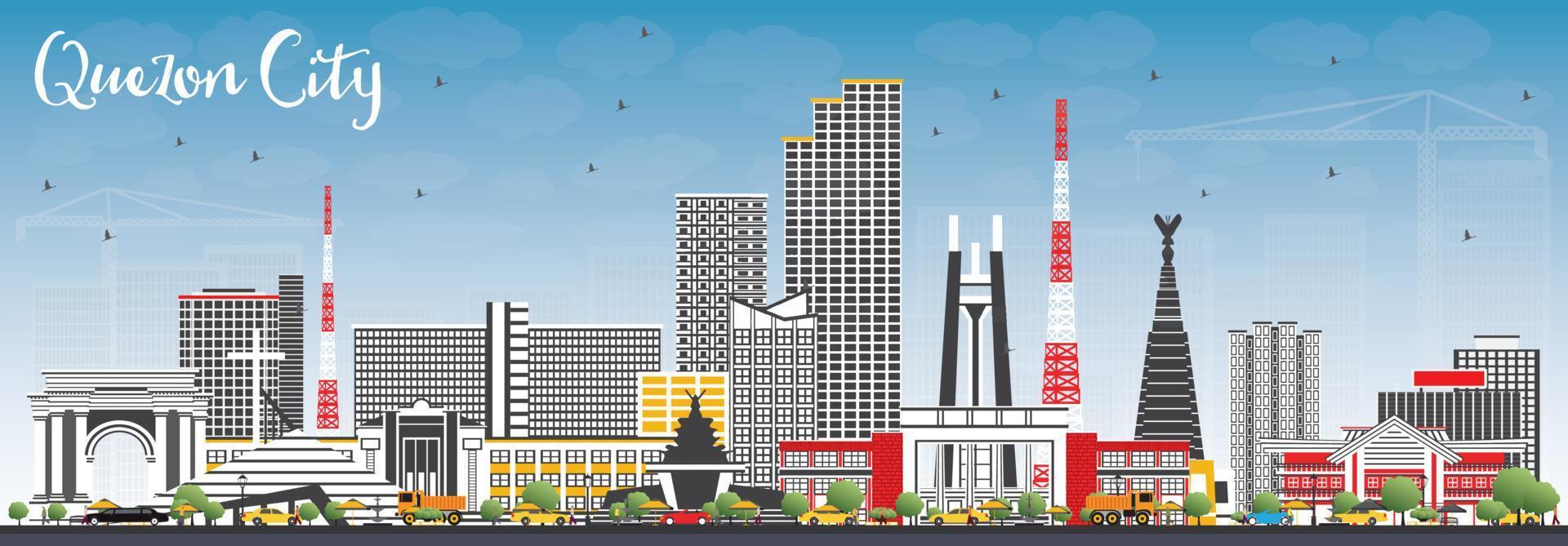 Quezon City Philippines Skyline with Gray Buildings and Blue Sky. vector