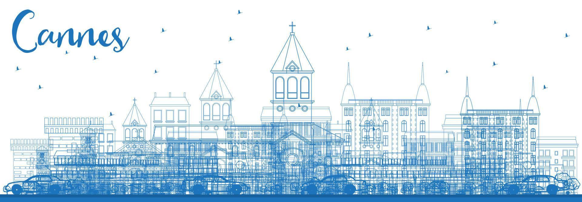 Outline Cannes Skyline with Blue Buildings. vector