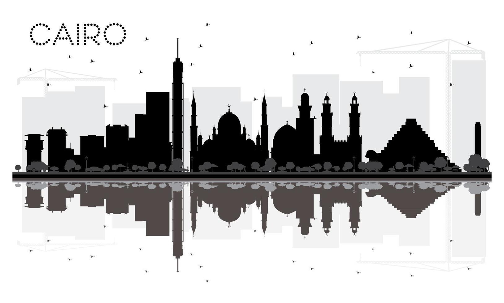 Cairo City skyline black and white silhouette with reflections. vector
