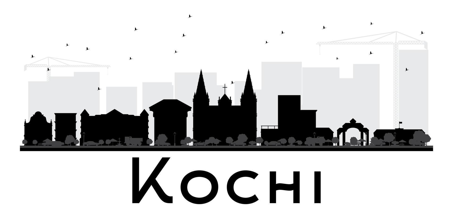silueta en blanco y negro del horizonte de la ciudad de kochi. vector