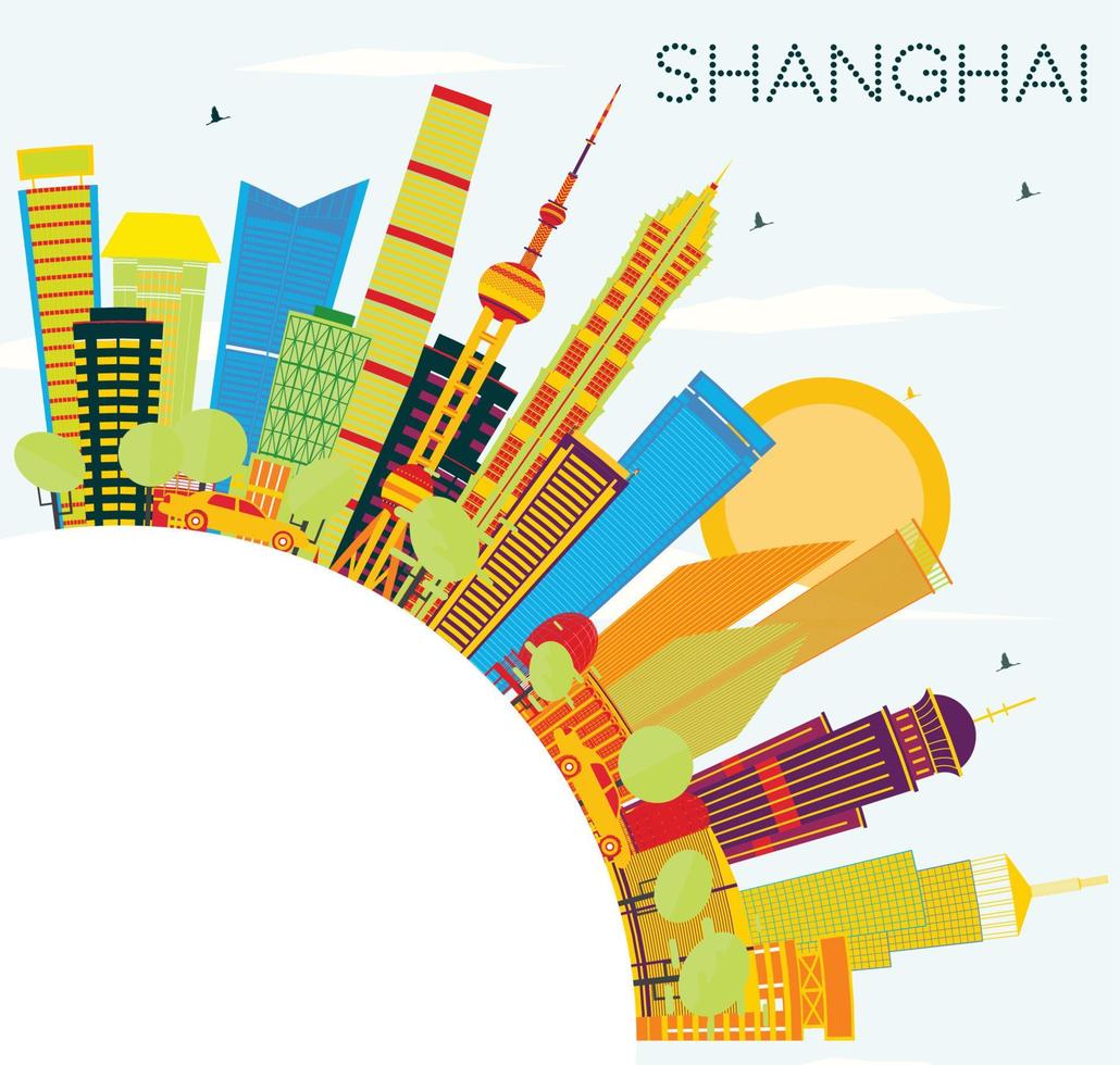 Shanghai Skyline with Color Buildings, Blue Sky and Copy Space. vector