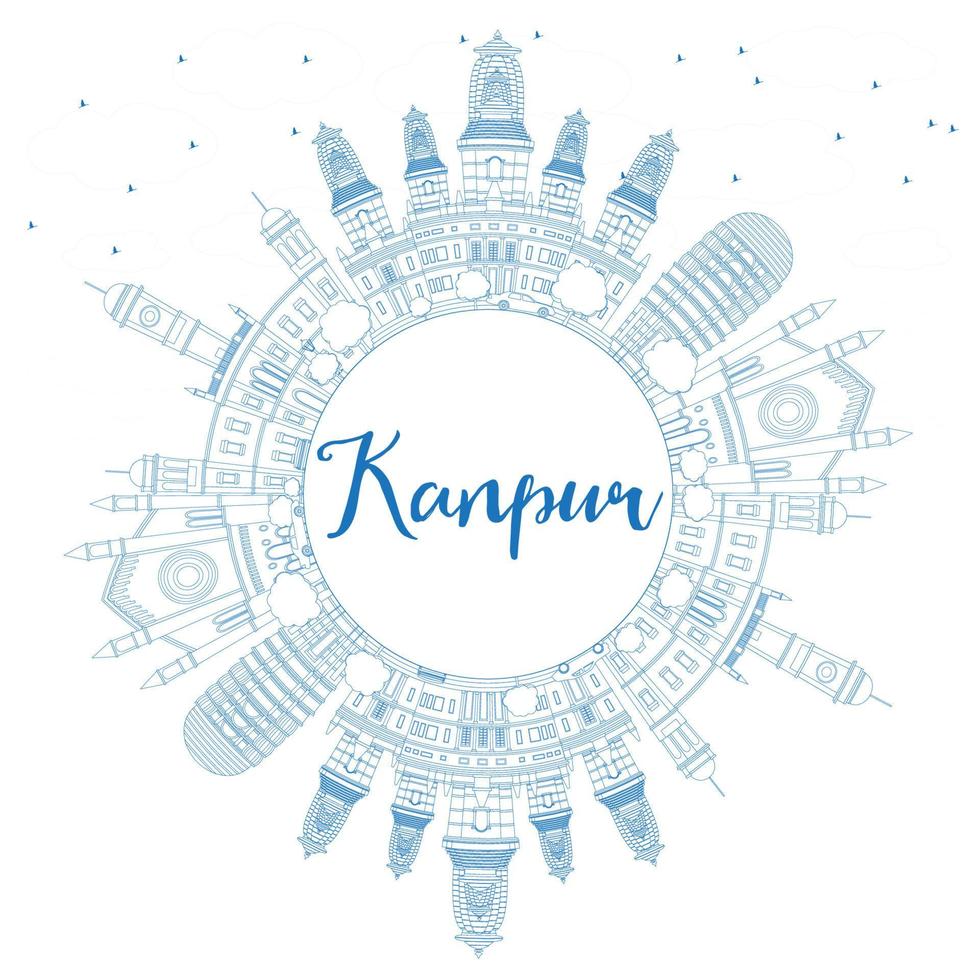 Outline Kanpur Skyline with Blue Buildings and Copy Space. vector