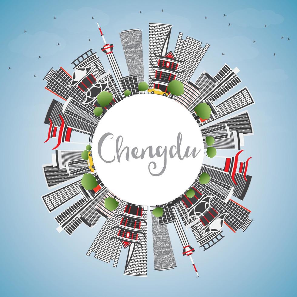 Chengdu Skyline with Gray Buildings, Blue Sky and Copy Space. vector