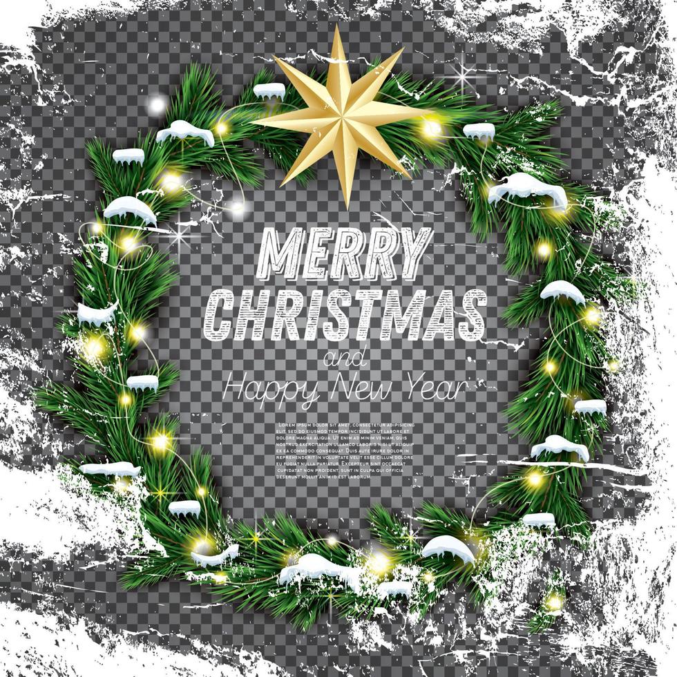Christmas Wreath with Green Fir Branch, Light Garland and Golden Star on Transparent Background. Ice Texture. vector