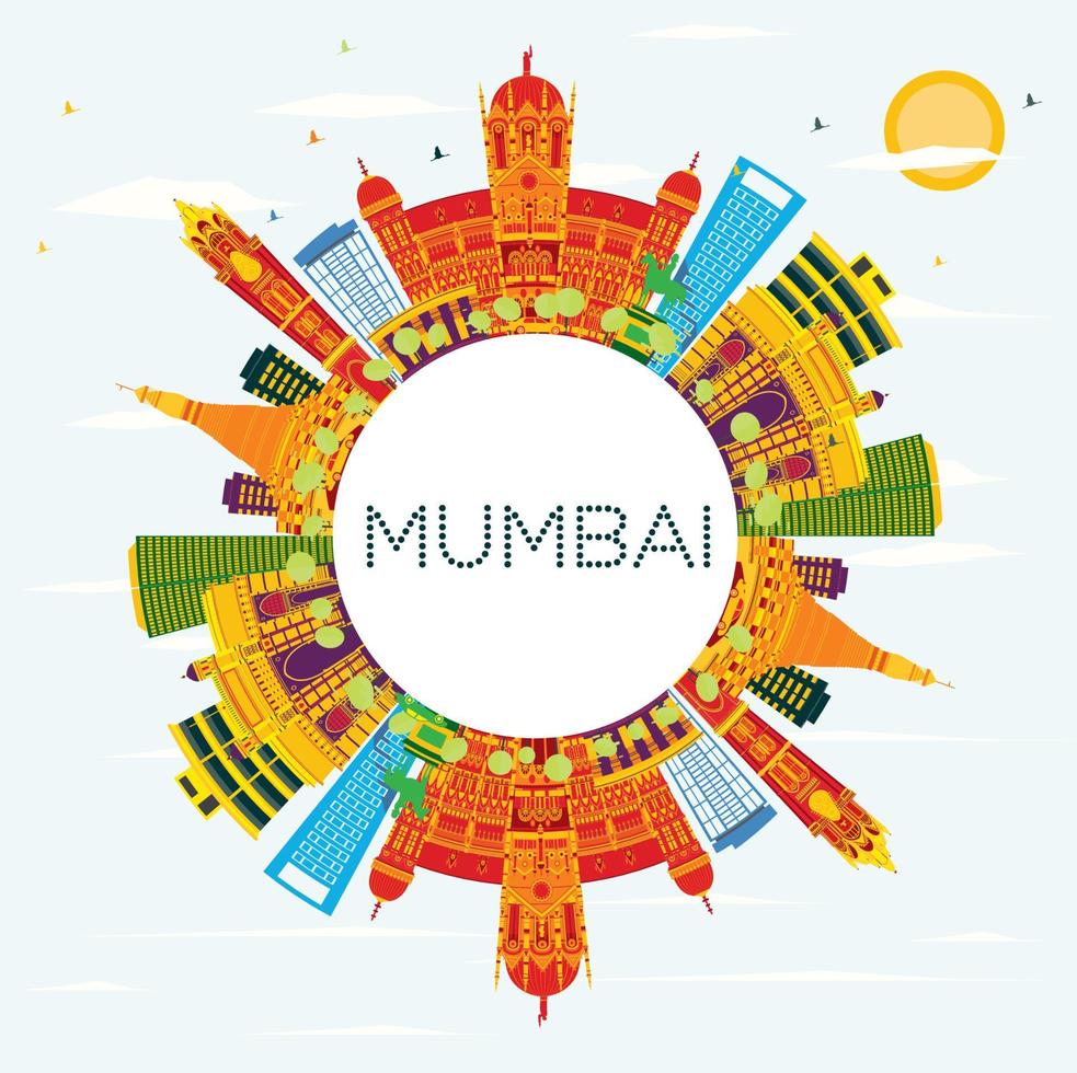 horizonte de mumbai india con edificios de color, cielo azul y espacio para copiar. vector