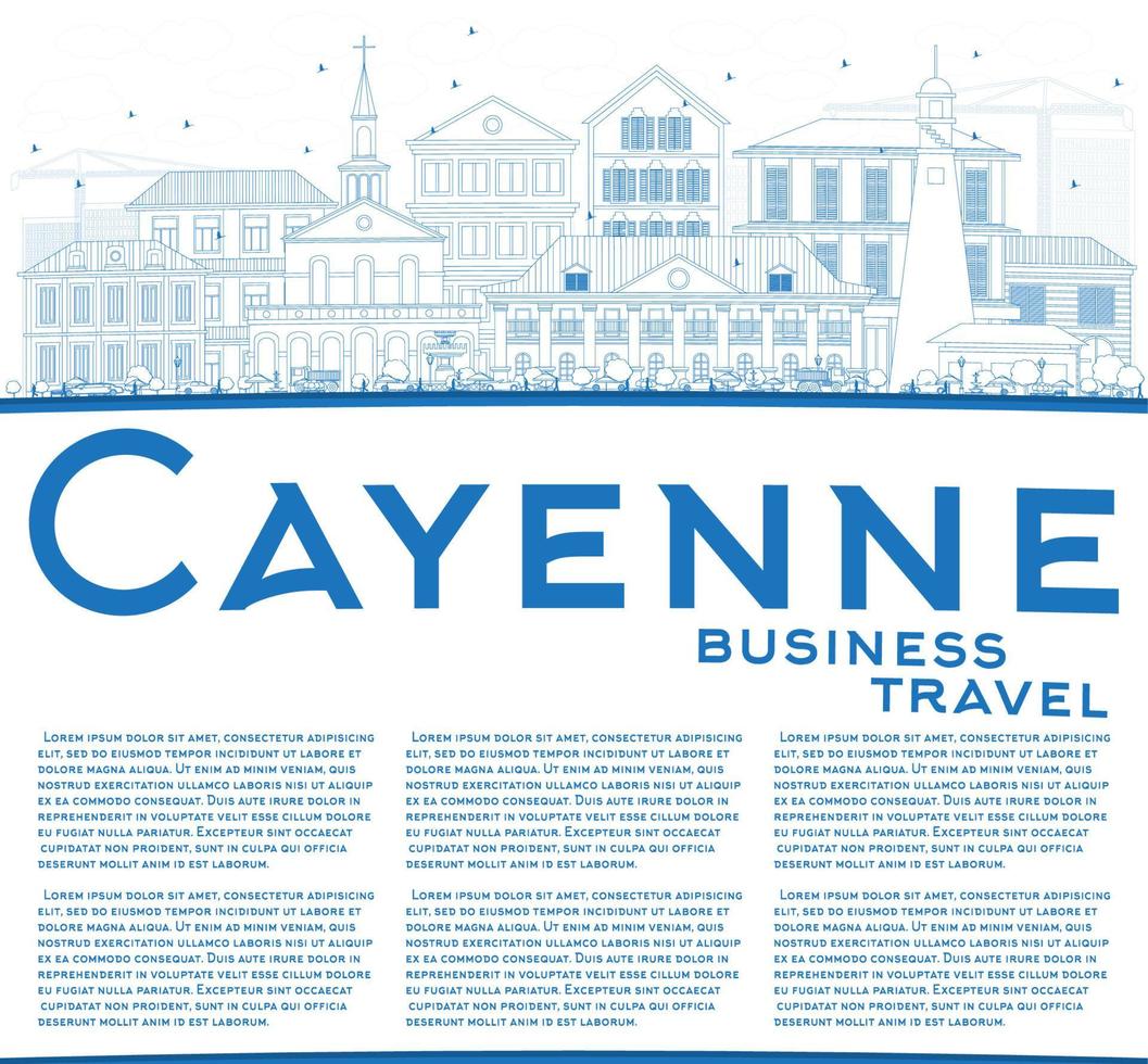Outline Cayenne Skyline with Blue Buildings and Copy Space. vector