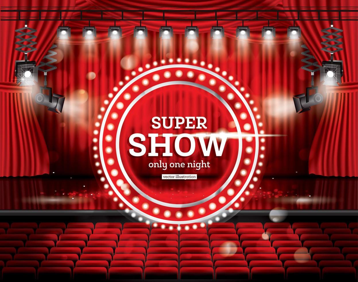 Super Show. Open Red Curtains with Spotlights. vector