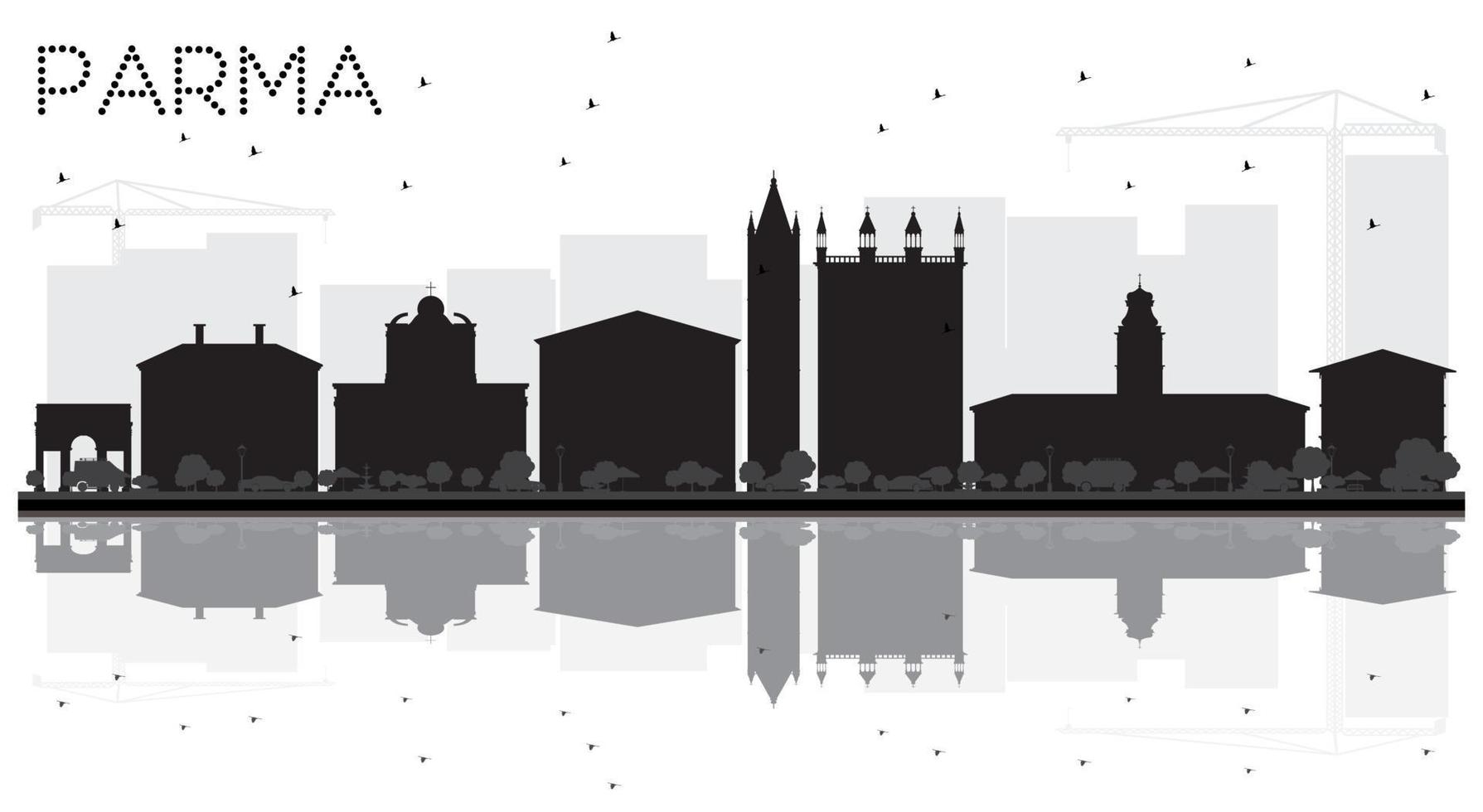 Parma City skyline black and white silhouette with reflections. vector