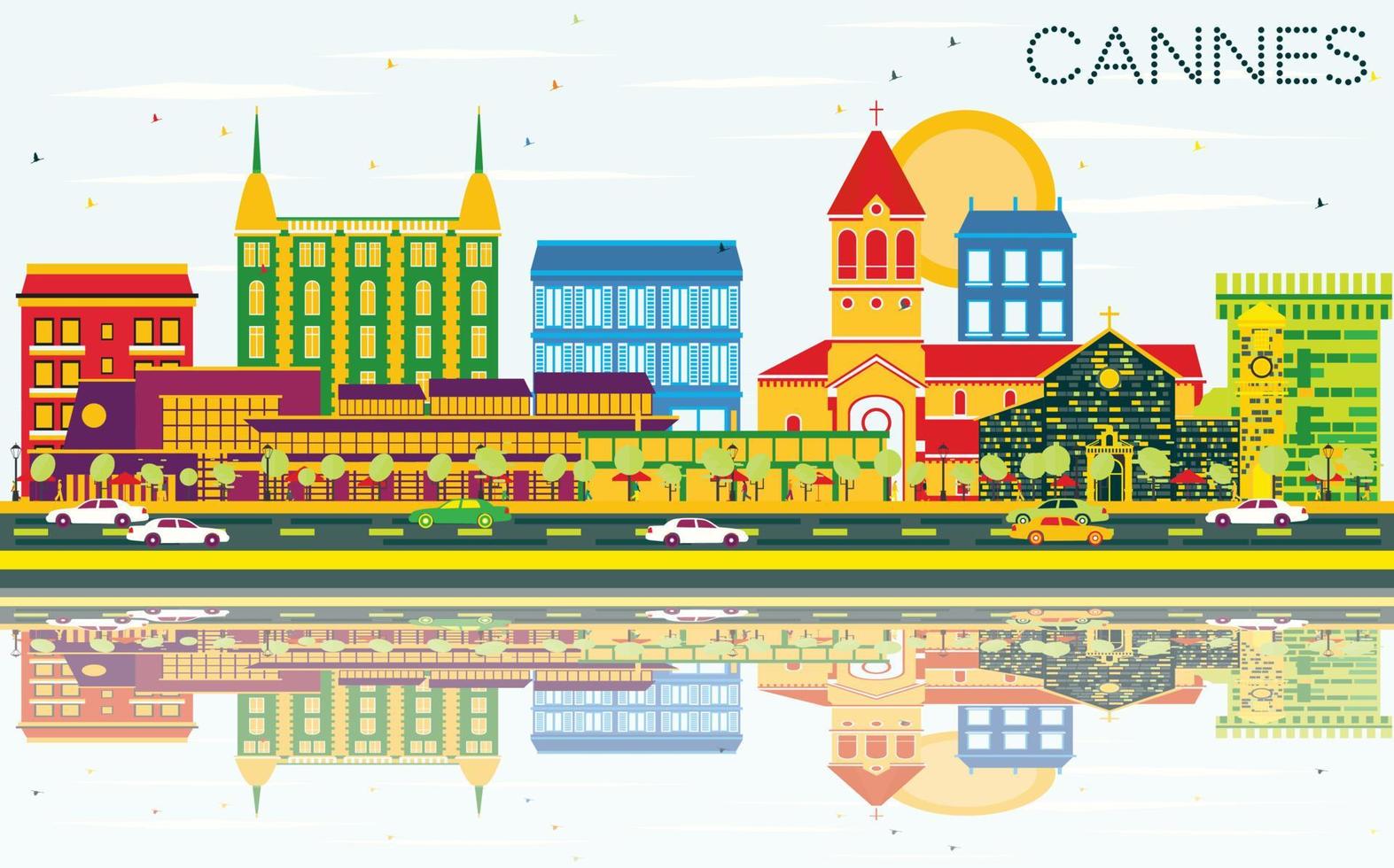 Cannes Skyline with Color Buildings, Blue Sky and Reflections. vector