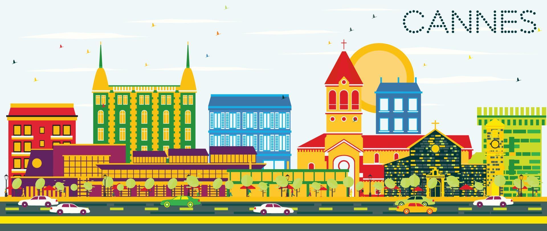 Cannes Skyline with Color Buildings and Blue Sky. vector