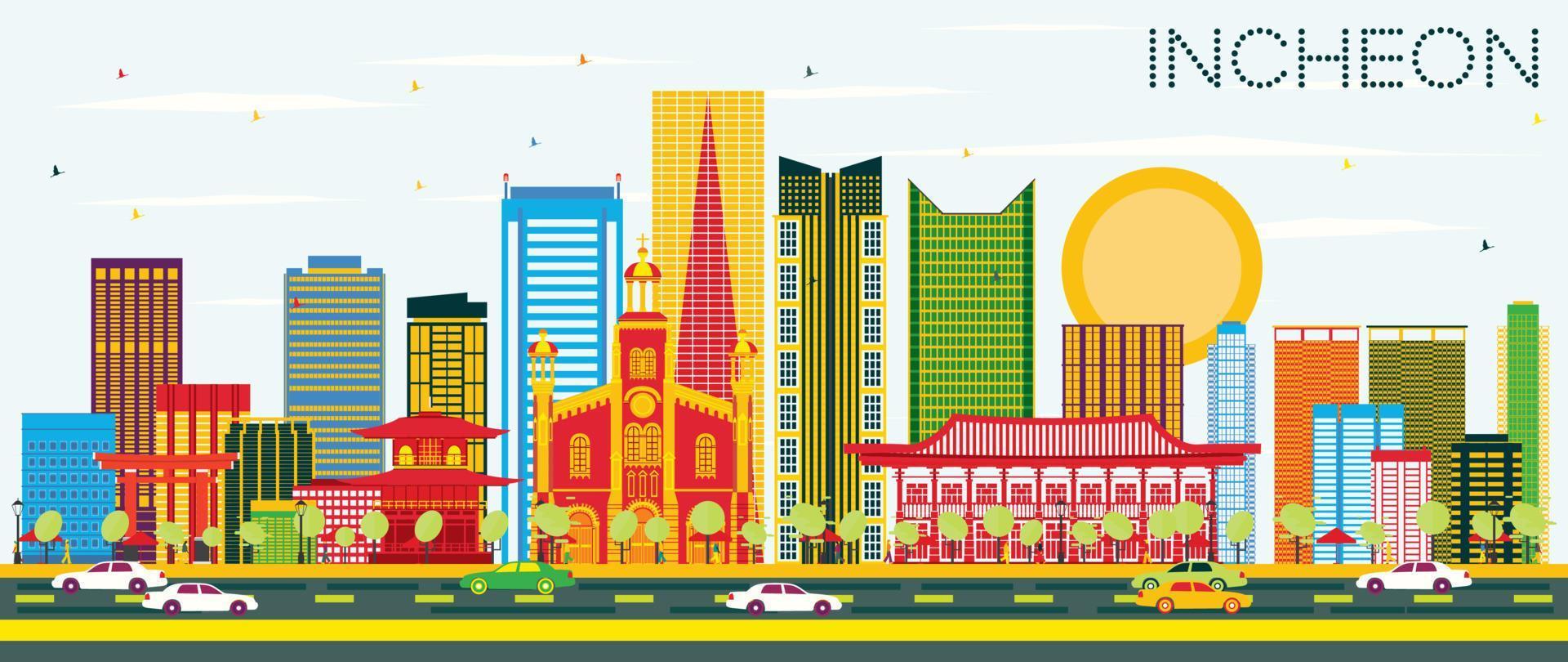 Incheon Skyline with Color Buildings and Blue Sky. vector