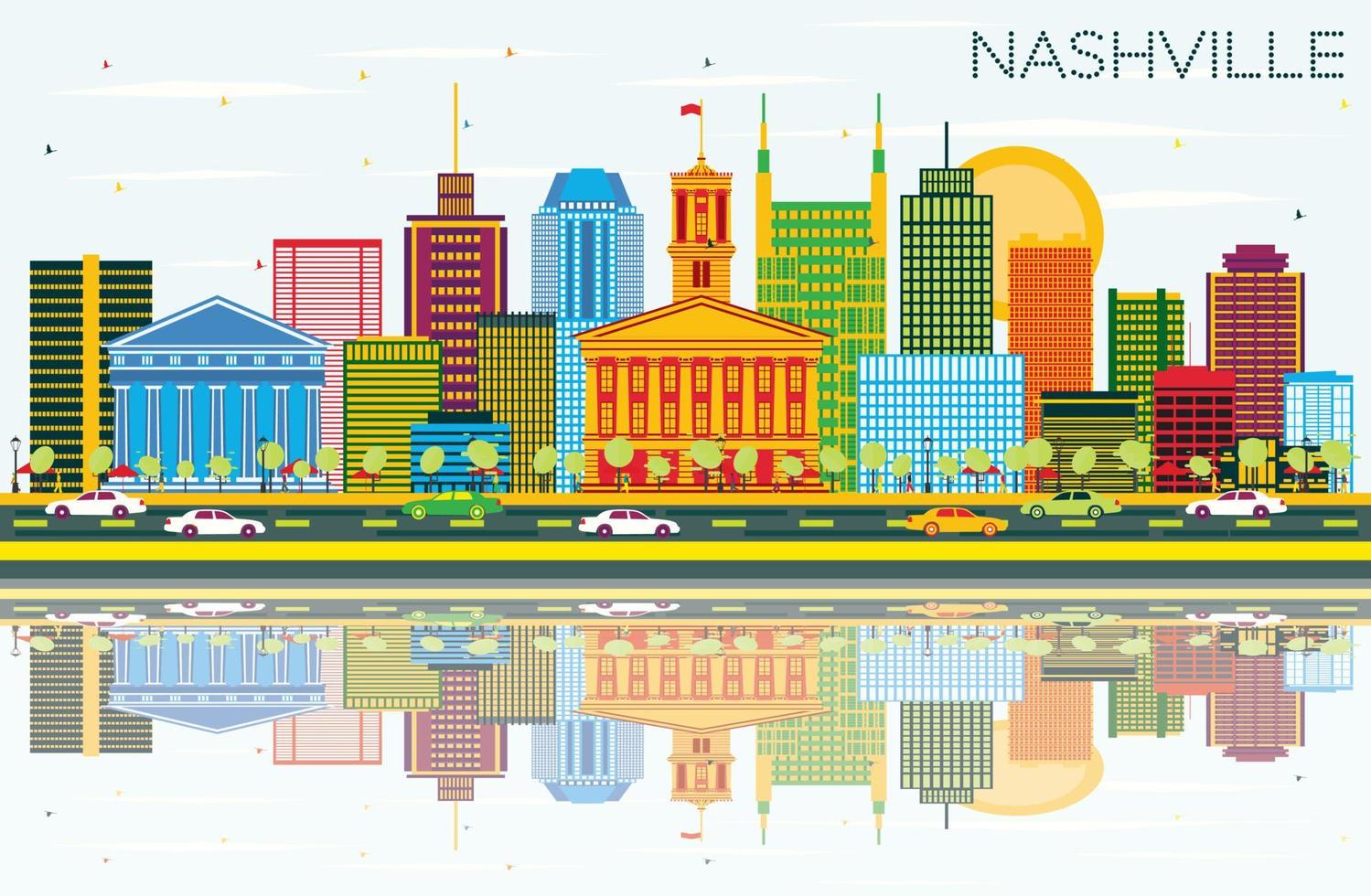 Nashville Skyline with Color Buildings, Blue Sky and Reflections. vector