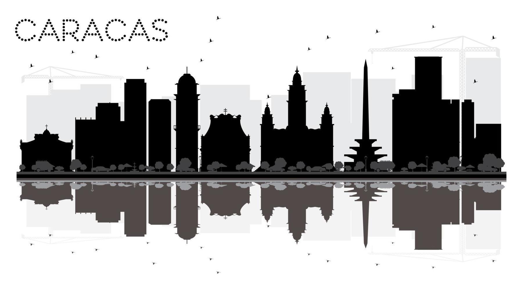 Caracas City skyline black and white silhouette with reflections. vector