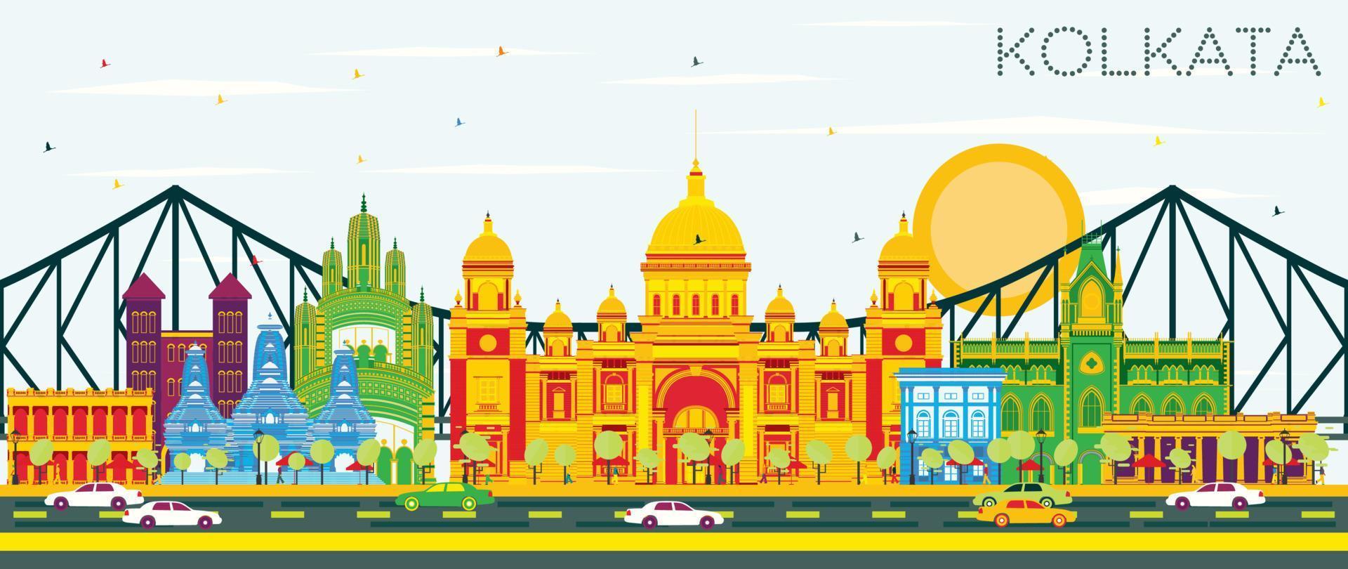 Kolkata Skyline with Color Landmarks and Blue Sky. vector