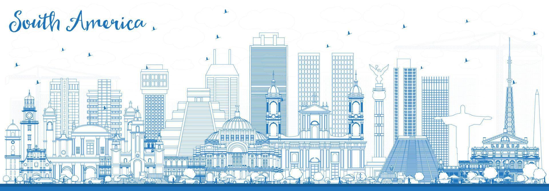 Outline South America Skyline with Famous Landmarks. vector