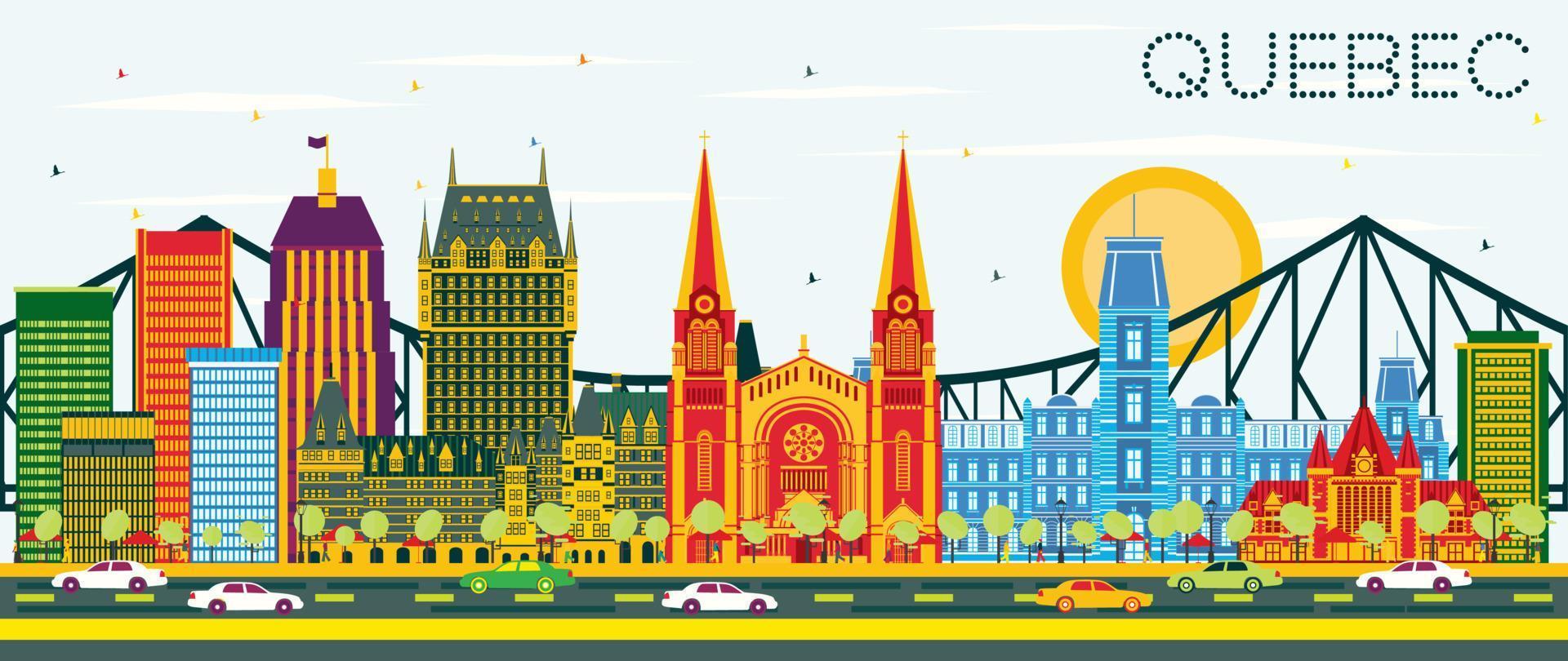 Quebec Canada Skyline with Color Buildings and Blue Sky. vector