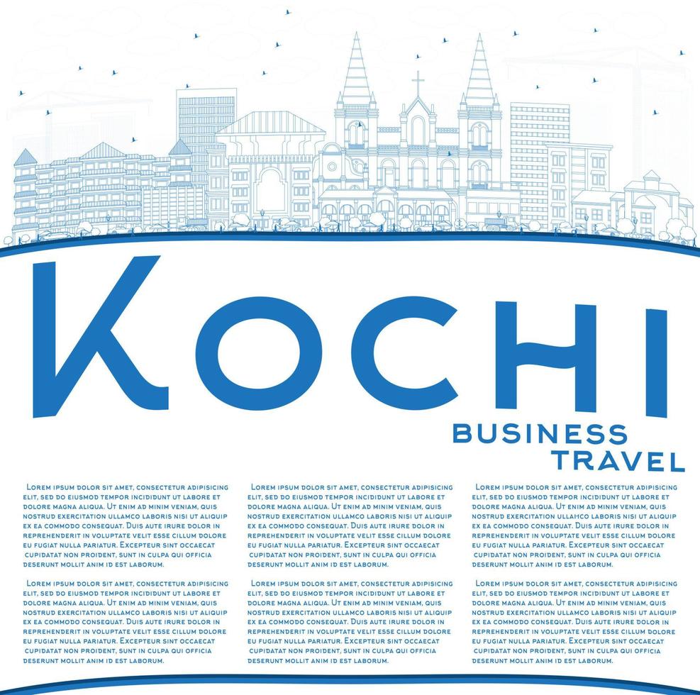 Outline Kochi Skyline with Blue Buildings and Copy Space. vector