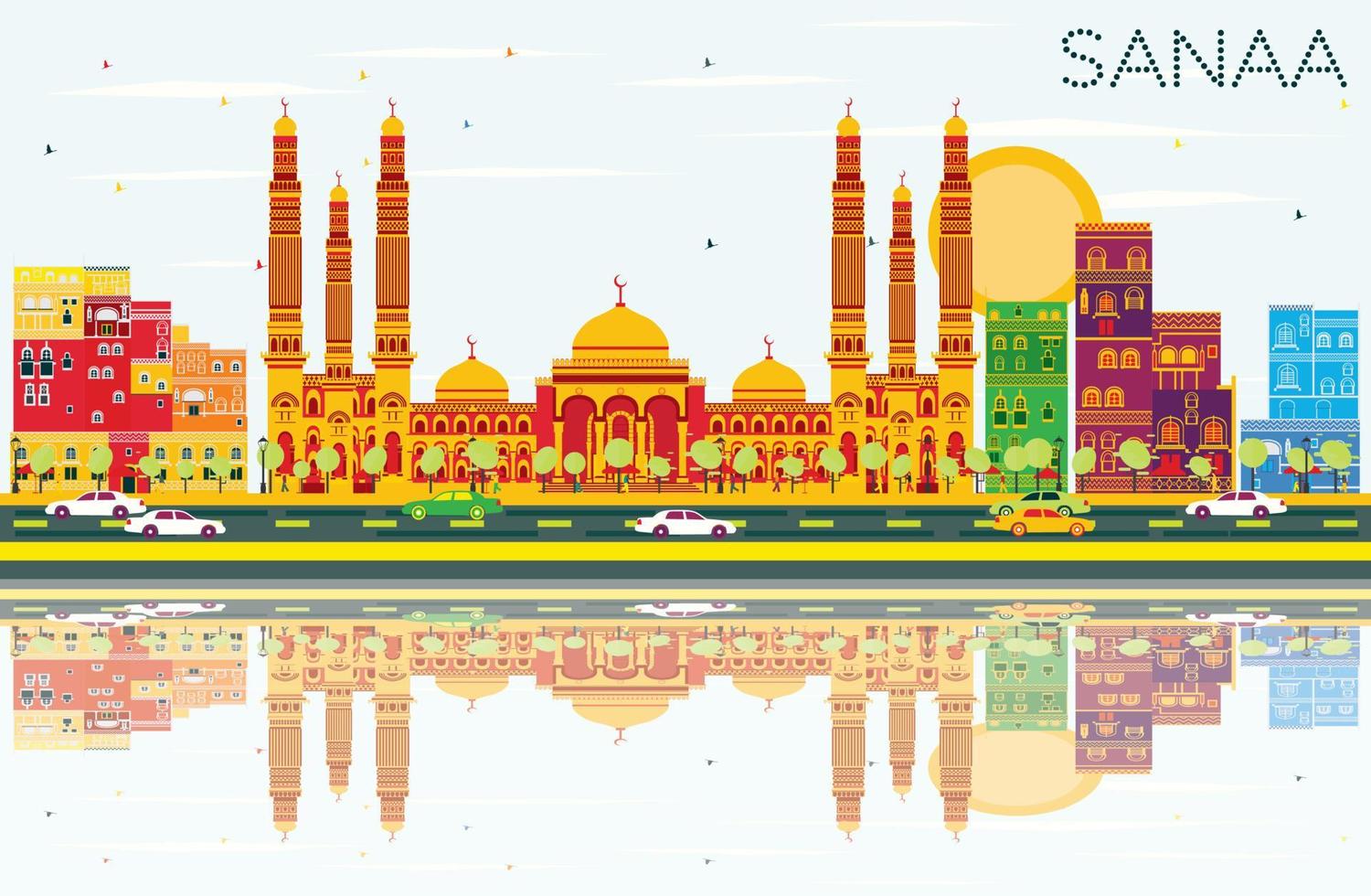 Sanaa Yemen Skyline with Color Buildings, Blue Sky and Reflections. vector