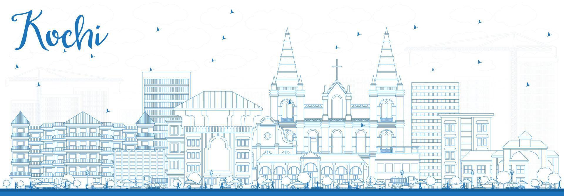 delinear el horizonte de kochi con edificios azules. vector