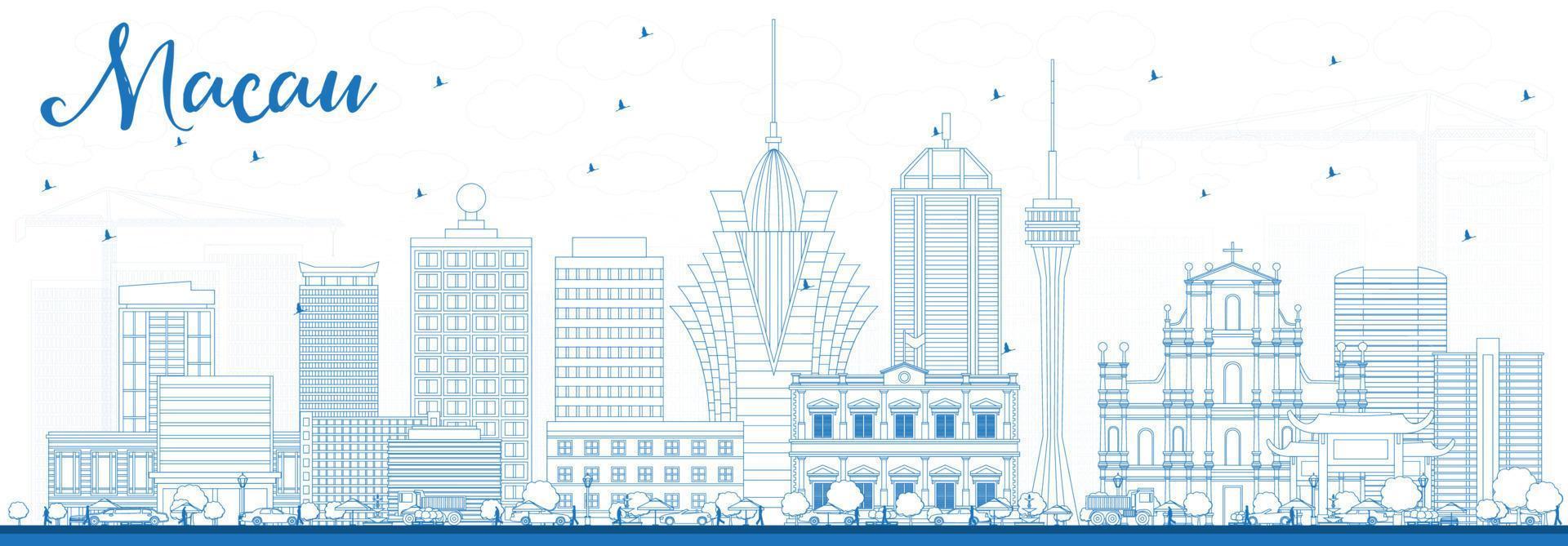 Outline Macau Skyline with Blue Buildings. vector