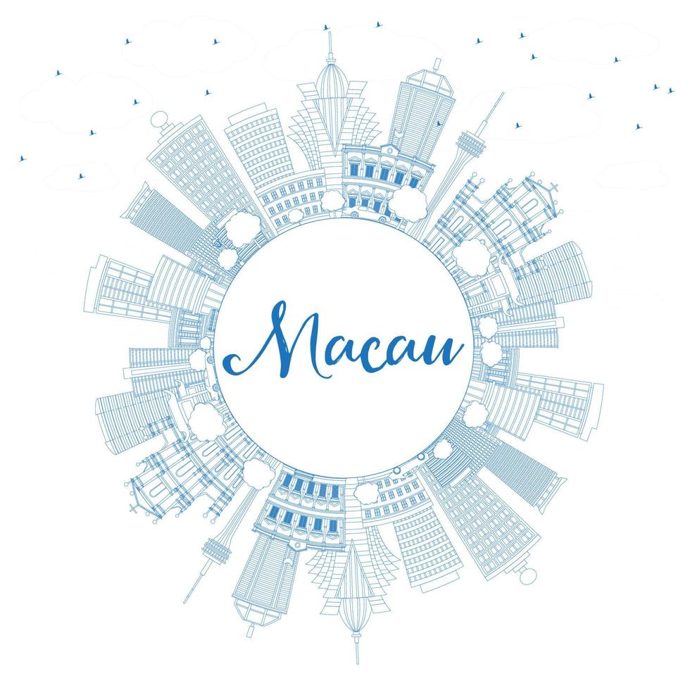 Outline Macau Skyline with Blue Buildings and Copy Space. vector