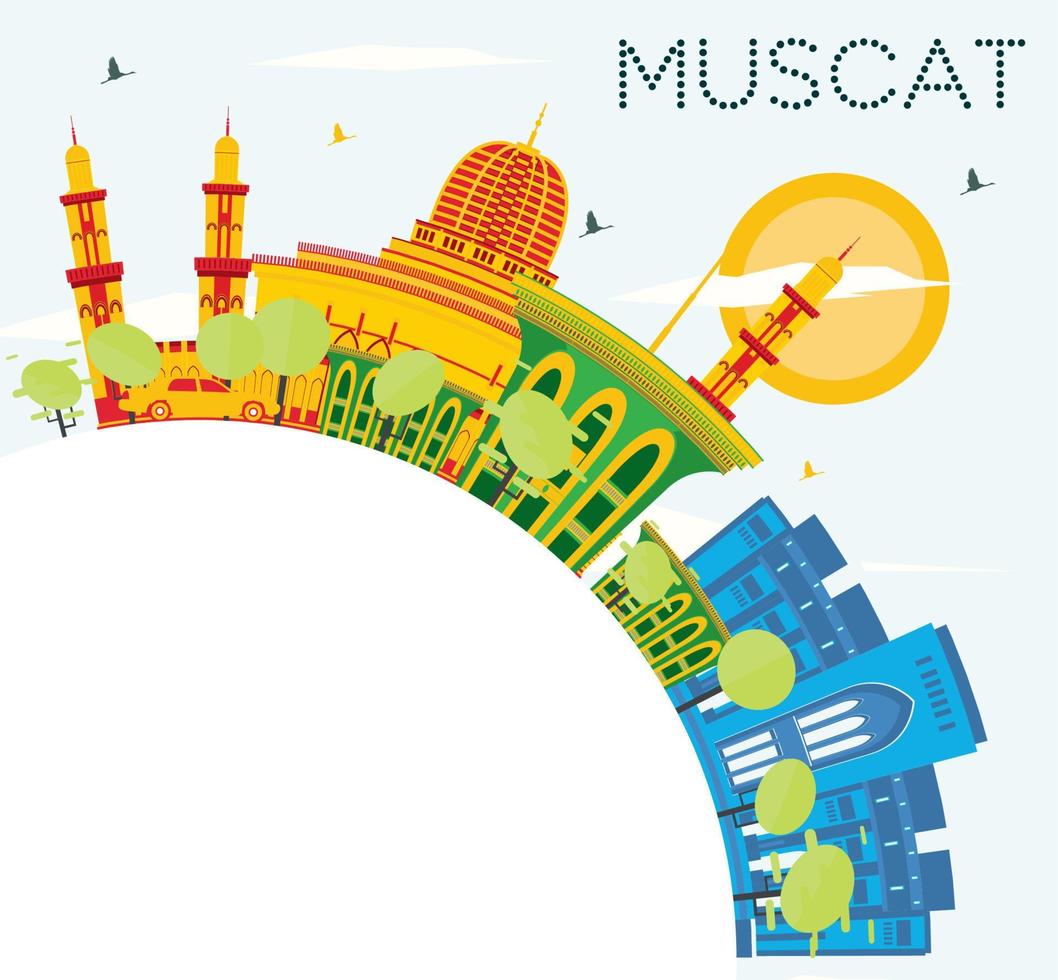 Muscat Skyline with Color Buildings, Blue Sky and Copy Space. vector