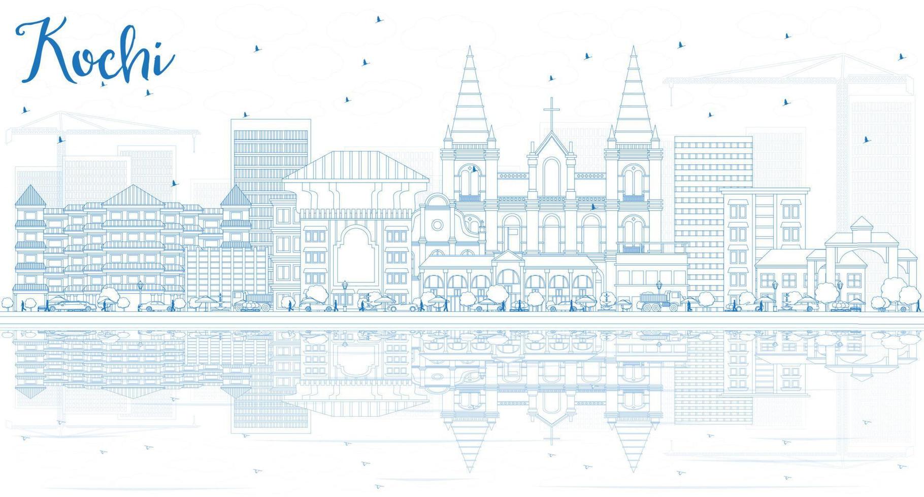 Outline Kochi Skyline with Blue Buildings and Reflections. vector