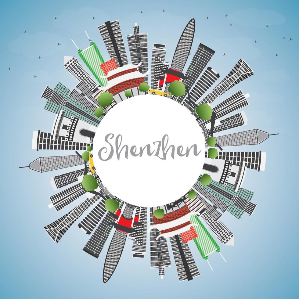 Shenzhen Skyline with Gray Buildings, Blue Sky and Copy Space. vector