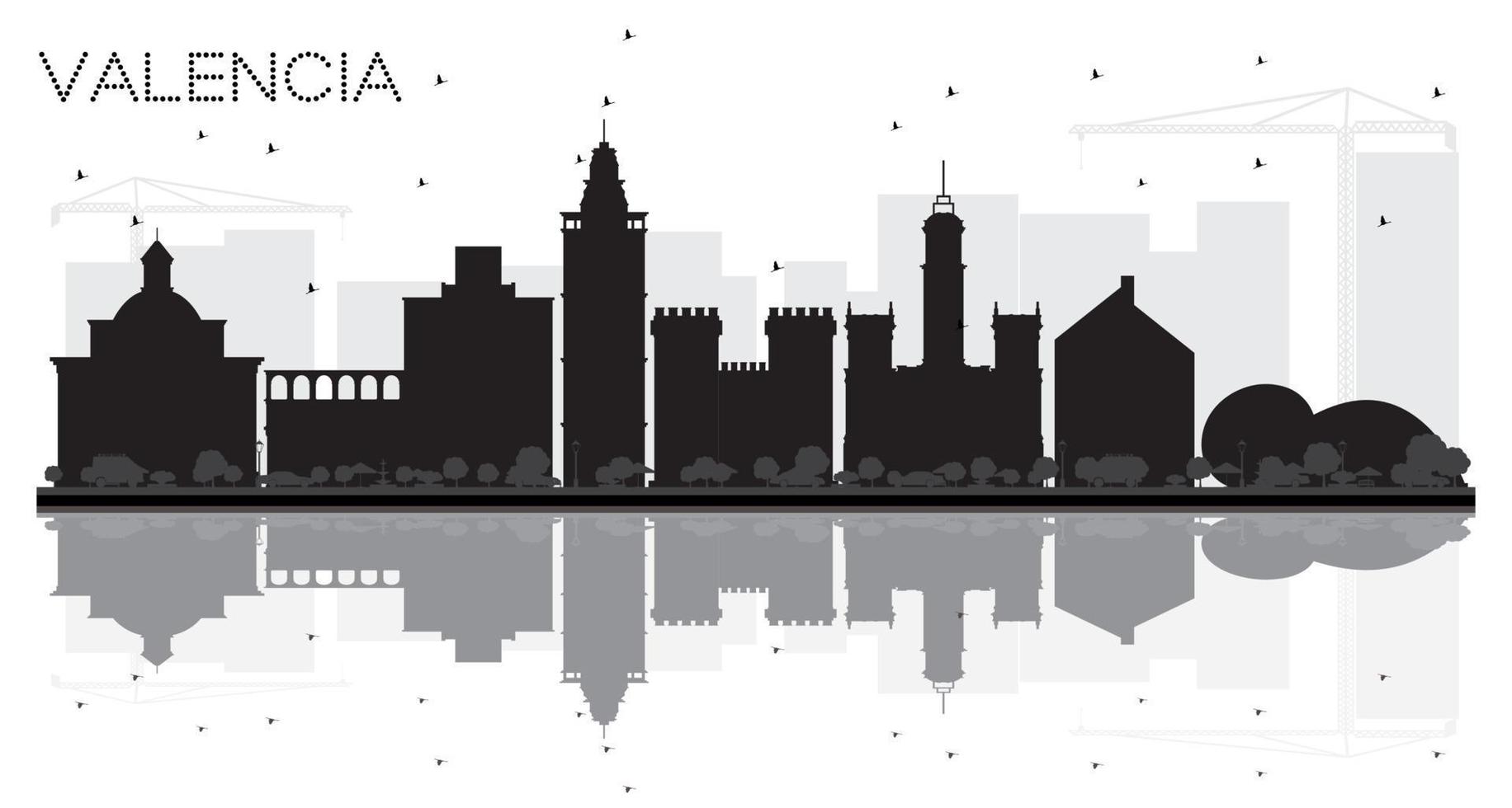 Valencia Spain City skyline black and white silhouette with Reflections. vector
