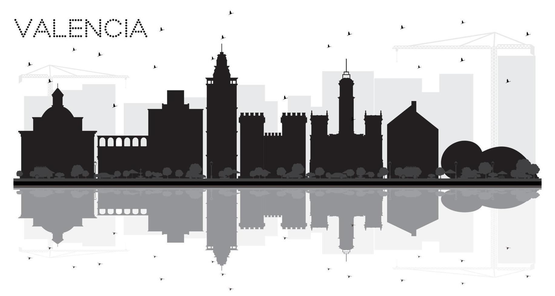 valencia españa ciudad horizonte silueta en blanco y negro con reflejos. vector