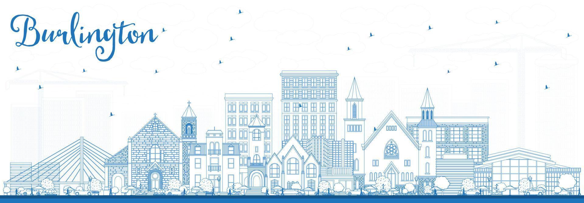 Outline Burlington Iowa Skyline with Blue Buildings. vector