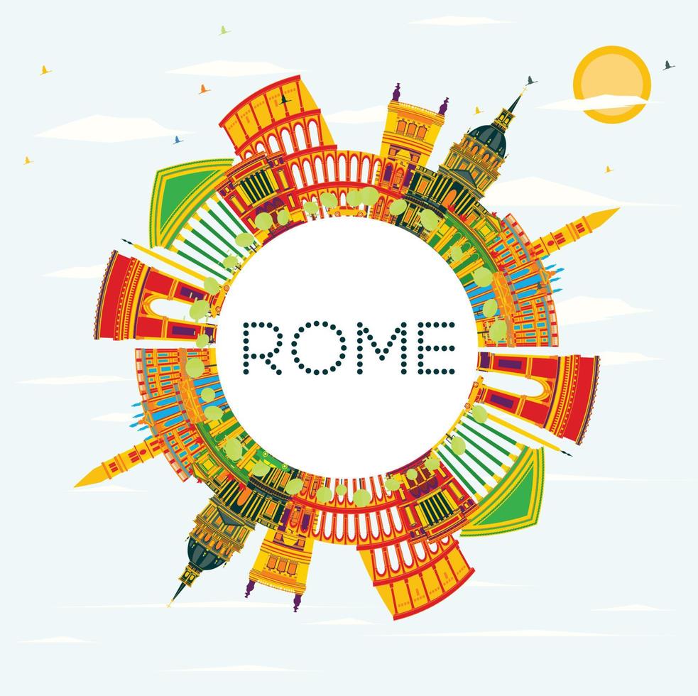 Rome Skyline with Color Buildings, Blue Sky and Copy Space. vector