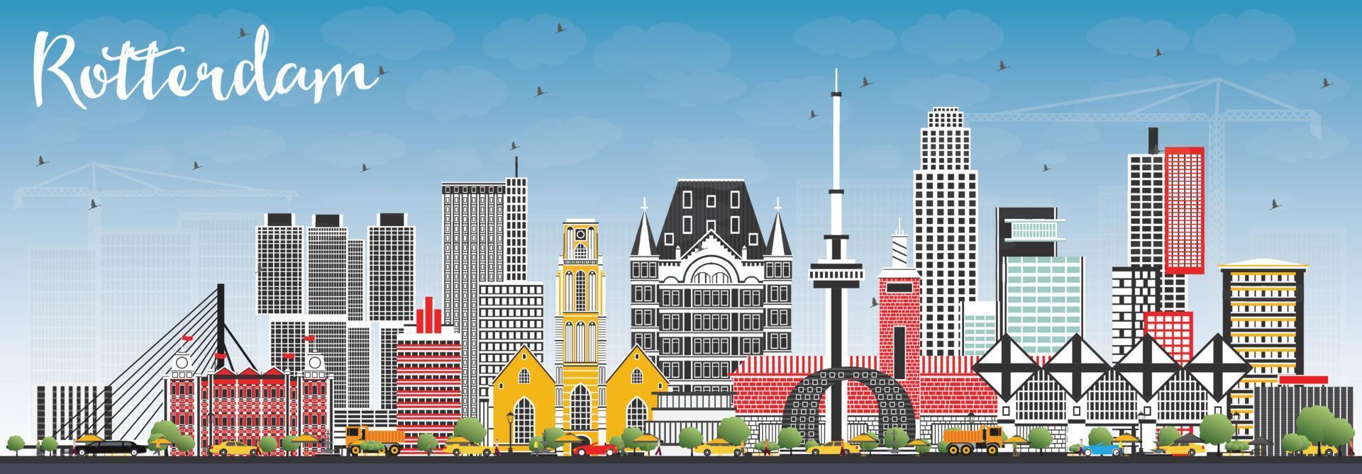 Rotterdam Netherlands Skyline with Gray Buildings and Blue Sky. vector